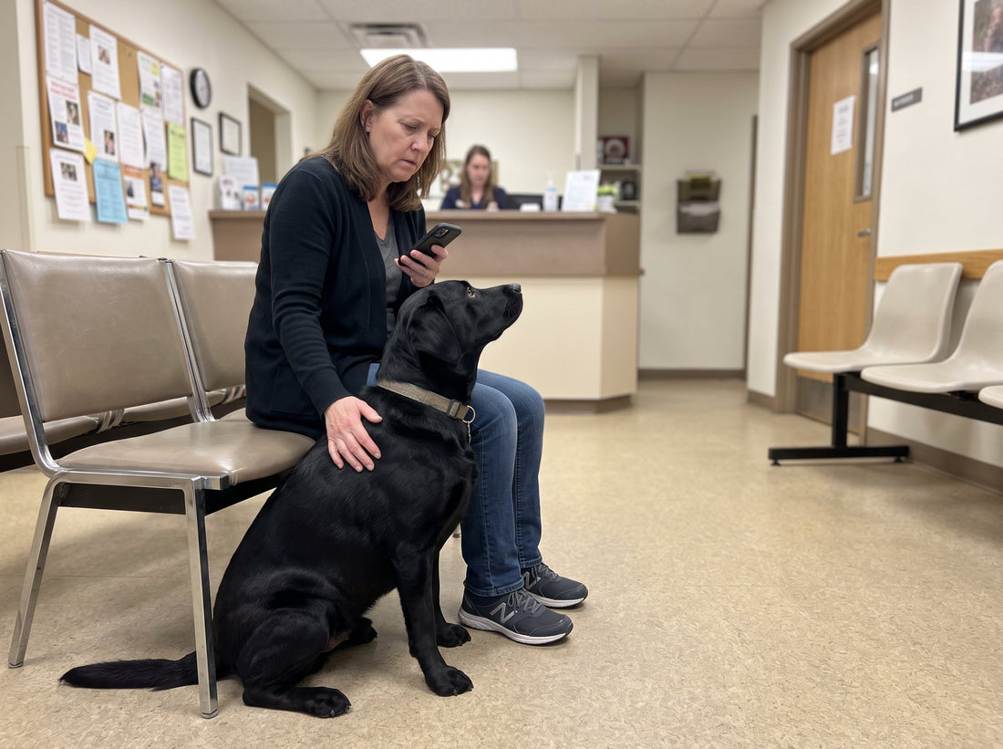 Dog owner in a veterinary waiting room looking at a quote for ACL surgery