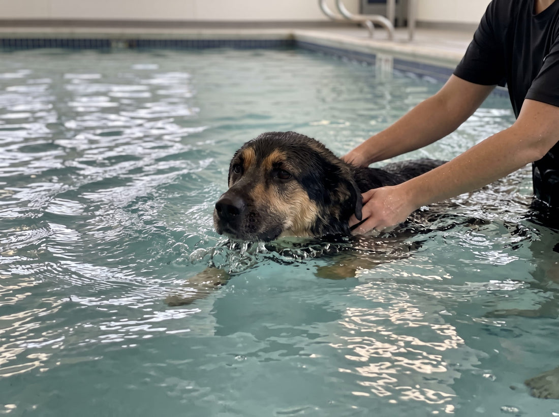 Dog swimming in a hydrotherapy pool as part of conservative management for a cruciate injury
