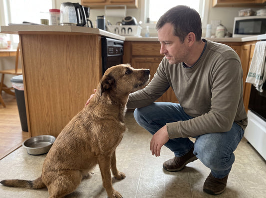 Dog owner deciding between a knee brace and surgery for a torn cruciate ligament