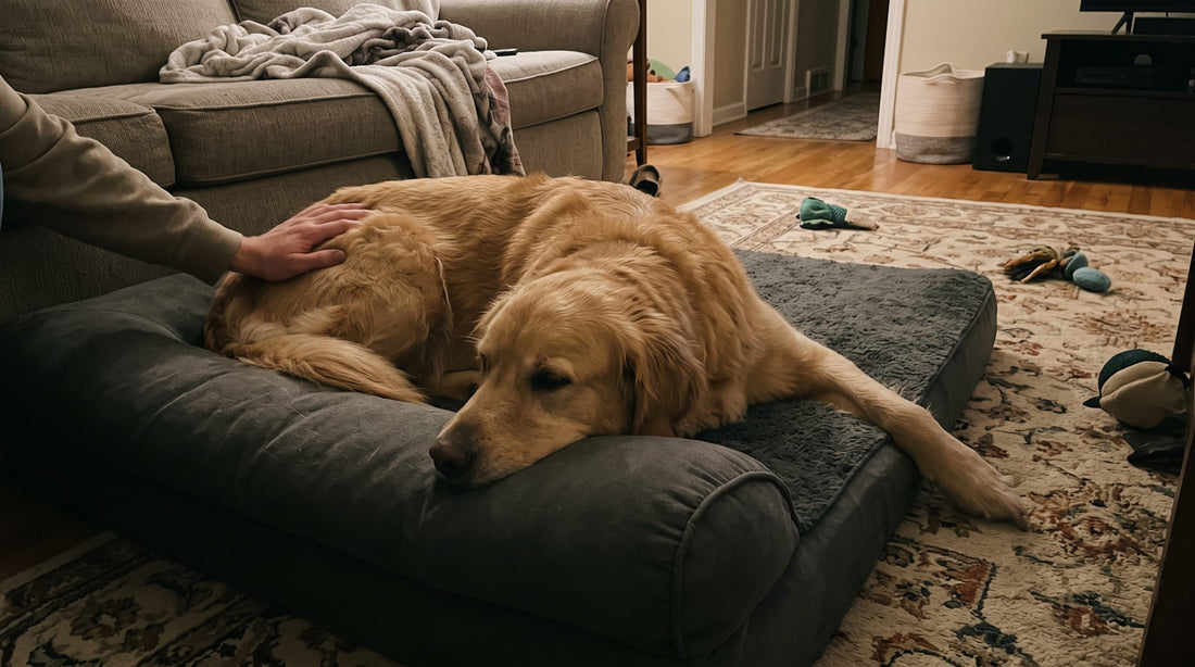 Dog resting comfortably on a bed at home while recovering from knee pain