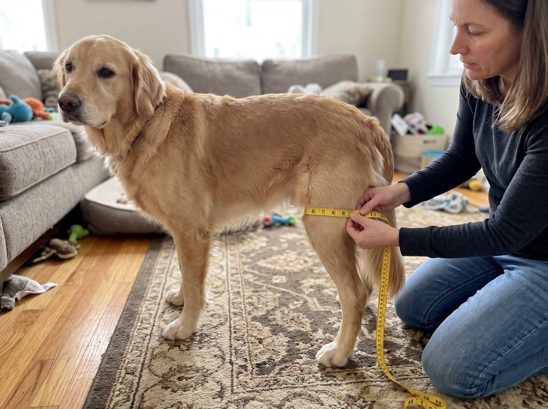 Owner measuring a dog's hind thigh girth with a soft tape measure