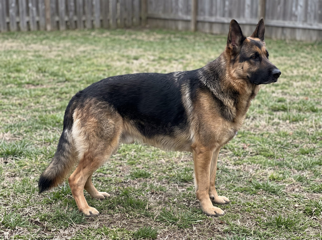 Large German Shepherd standing, a breed at high risk of cruciate injury