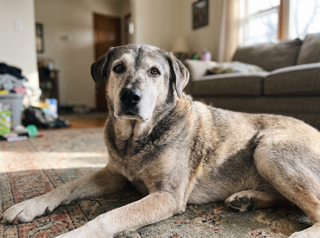 Senior dog with a grey muzzle resting, too old for ACL surgery