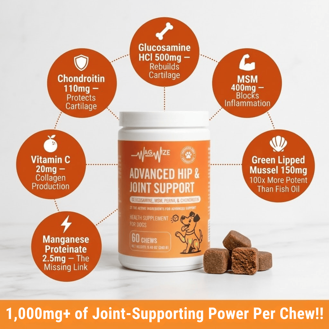 Wag Wize joint chews ingredient label — glucosamine, chondroitin, MSM, turmeric for dogs