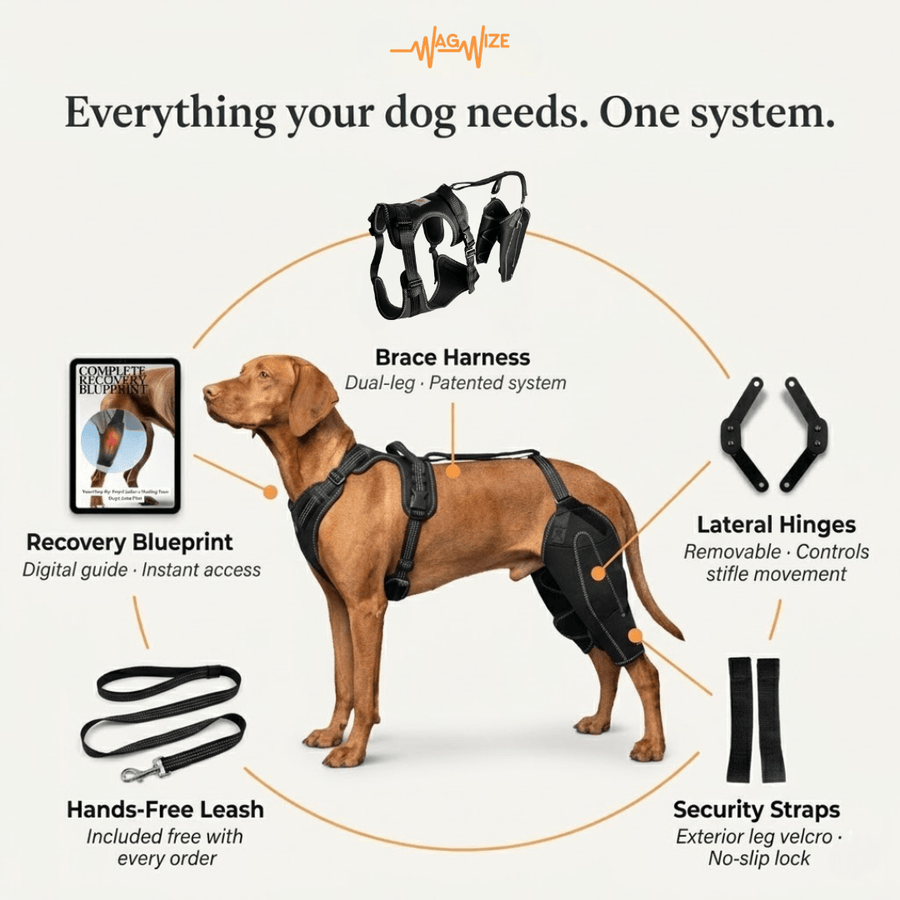 Dog wearing Wag Wize dual-leg knee brace on both hind legs — front legs completely bare